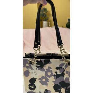 Anne Klein Floral Print Satchel Handbag‎ Purse Black Gray Tan Gold Lion Charm